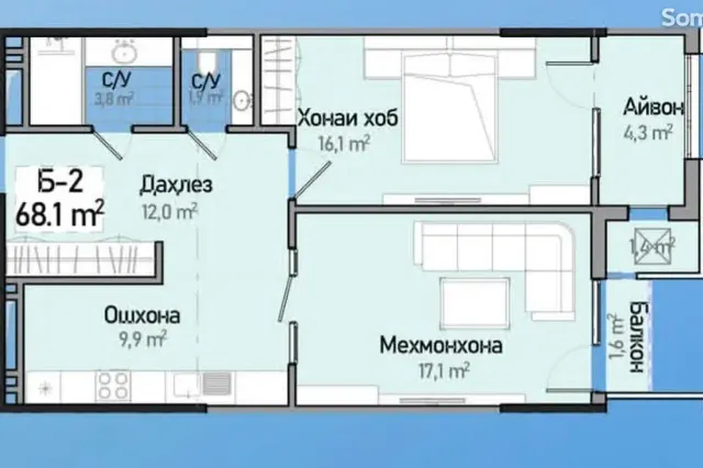 2-комн. квартира, 69 м², 17/22 эт., Сино, Душанбе (Сино)