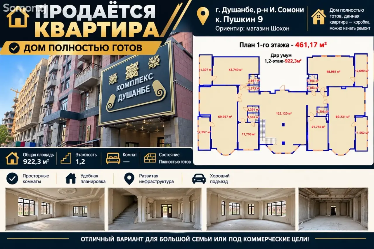 6-комн. квартира, 922 м², 4/4 эт., И.Сомонӣ, Душанбе (И.Сомонӣ)
